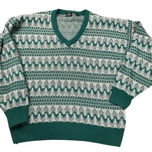 Countess Mara Sweater Men Large Green Gray Chevron Stripe  Cotton Knit‎ 80s VTG